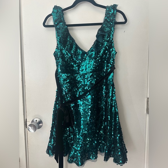 Free People Teal Sequin V-Neck Mini Party Dress with Black Velvet Tie - Picture 3 of 12
